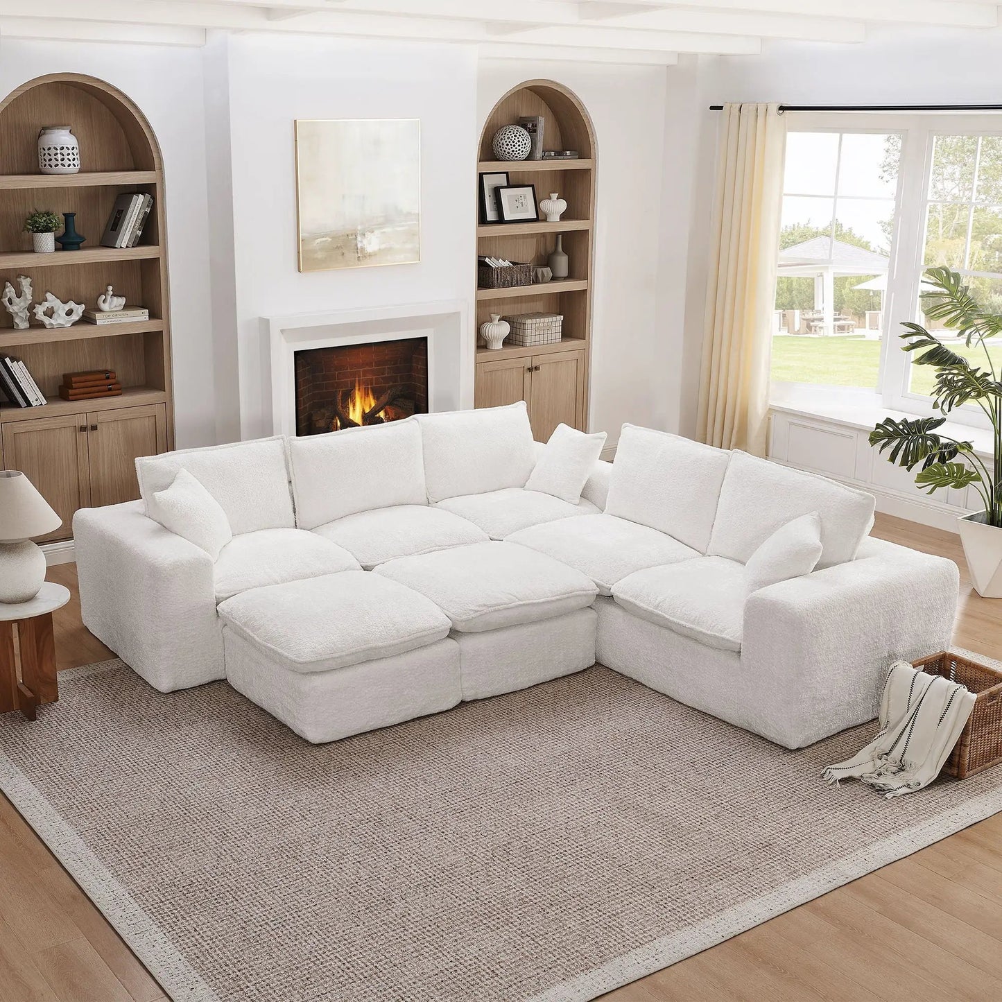 Sectional sofa with moveable ottoman, white fabric, 3-piece living room set on Tampa Home & Garden Store