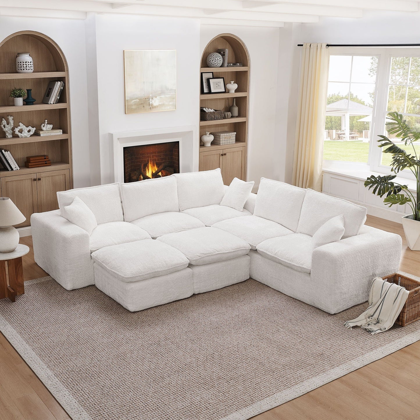 HouseOfZazla sectional sofa with moveable ottoman, white fabric, 3-piece living room set on Tampa Home & Garden Store