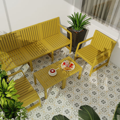 Waterproof two-piece orange outdoor patio set by HouseOfZazla, slatted metal chairs with armrests on patterned tile patio on Tampa Home & Garden Store