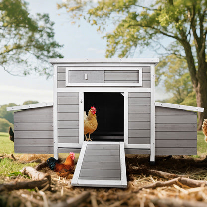 Large chicken coop with dual nesting boxes gray wood and white trim ramp roosters outside on Tampa Home & Garden Store