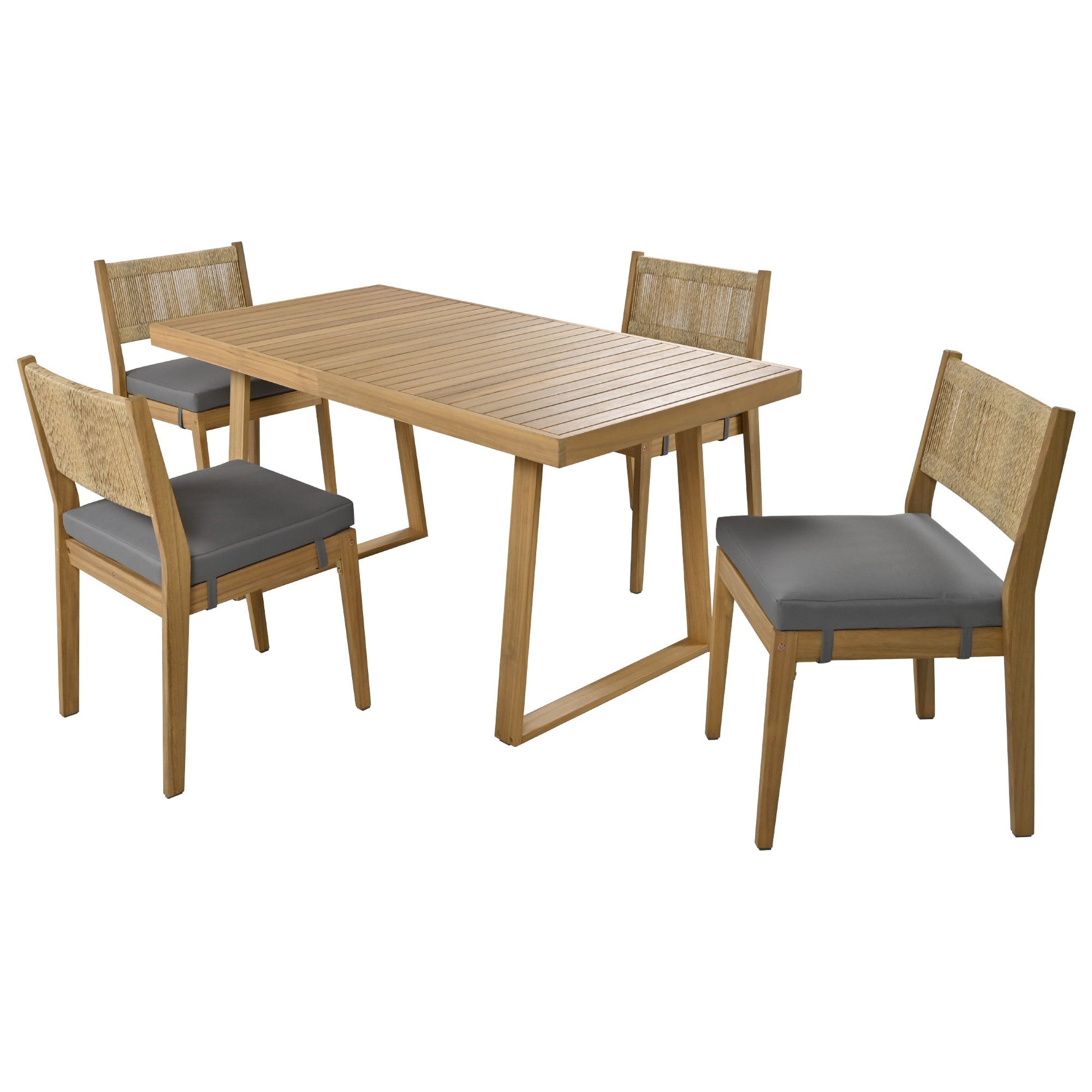 U_Style Outdoor Acacia Wood Dining Table and Chair Set, natural wood with gray cushions on Tampa Home & Garden Store