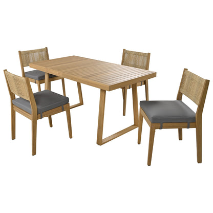 U_Style Outdoor Acacia Wood Dining Table and Chair Set, natural wood with gray cushions on Tampa Home & Garden Store