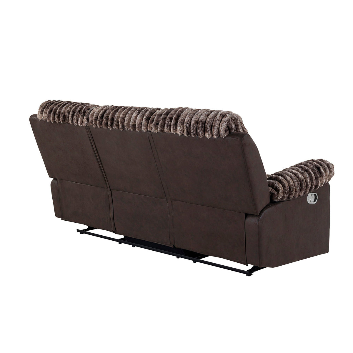 Bruni manual reclining loveseat and console in dark brown faux leather with plush fur throw on Tampa Home & Garden Store