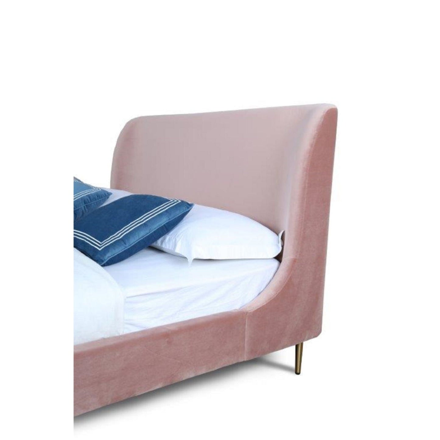 Heather upholstered bed with curved headboard in blush pink velvet on Tampa Home & Garden Store