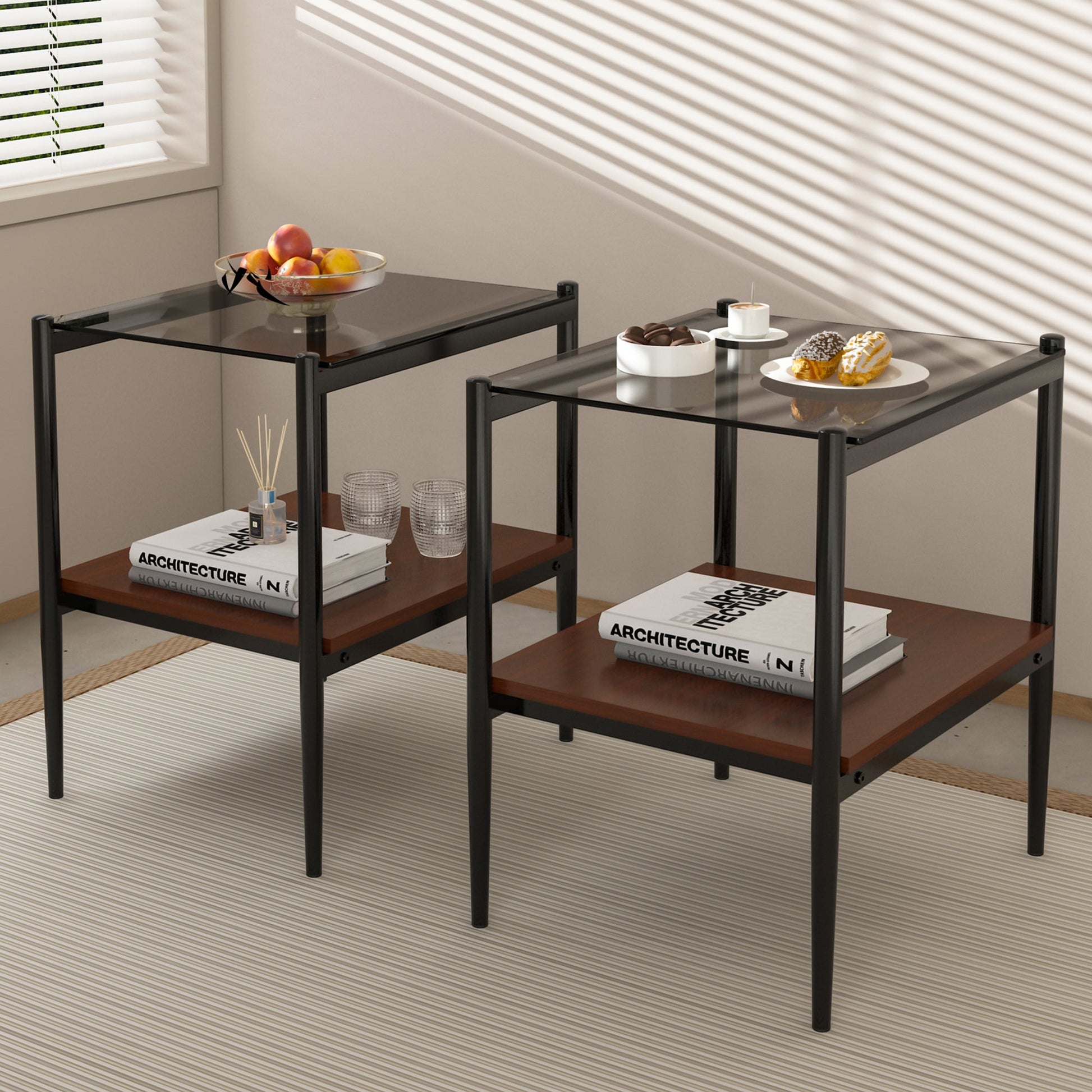 Set of 2 rectangle end tables with gray glass tops and black metal frames by HouseOfZazla on Tampa Home & Garden Store