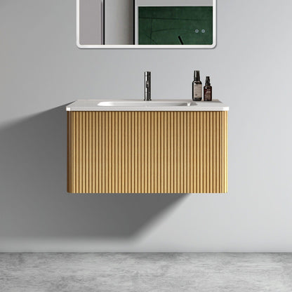 Striped floating vanity with ceramic sink, white top, wood slat cabinet, wall mounted on Tampa Home & Garden Store