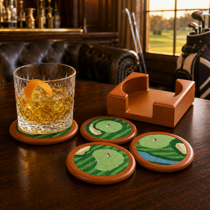 Set of Four Wooden Golf Coasters With Holder