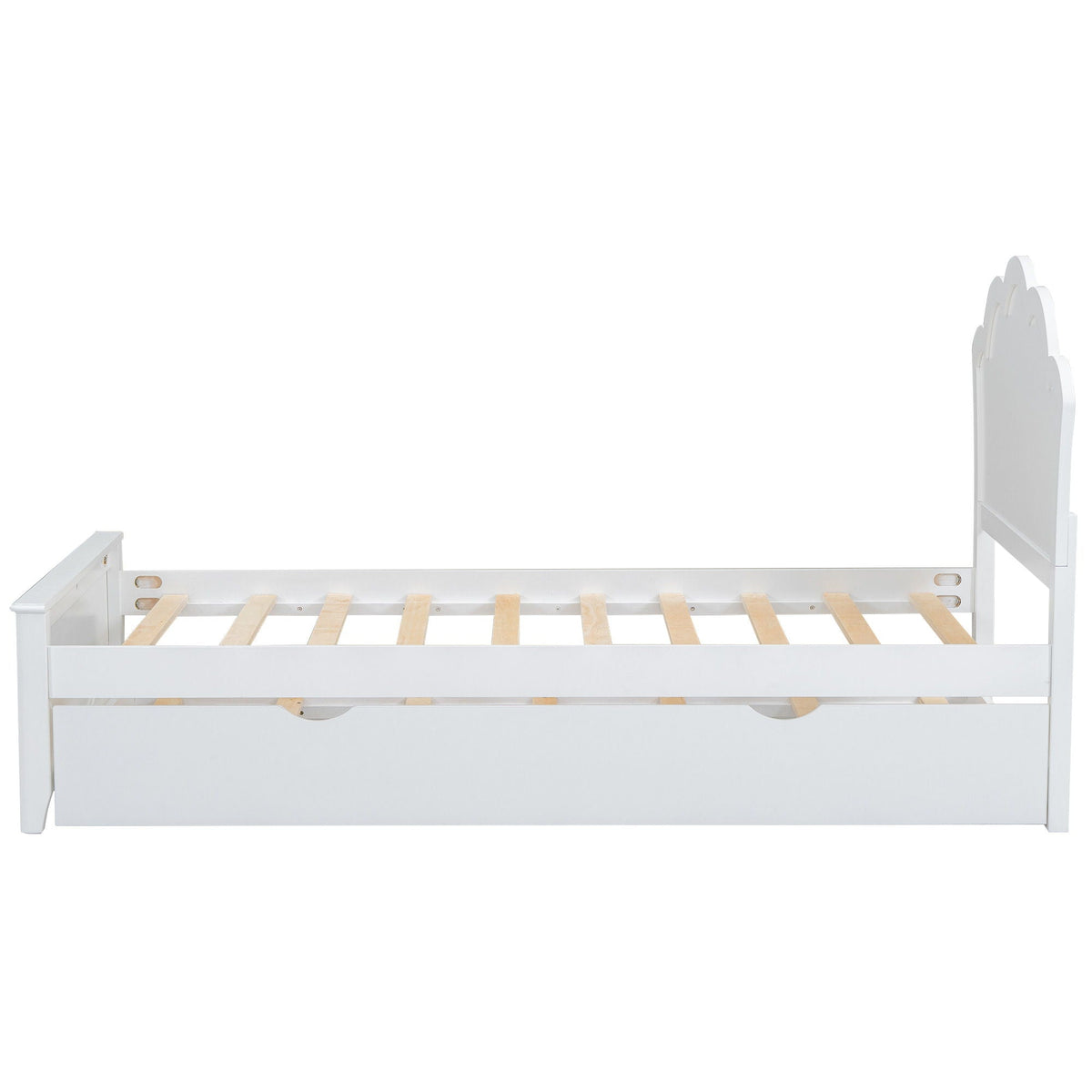 White platform bed with scalloped headboard and built-in trundle, slatted base on Tampa Home & Garden Store