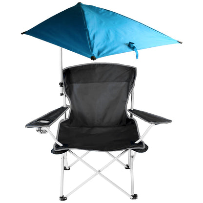 GemGear foldable camping chair with blue canopy umbrella, cup holder and side trays on Tampa Home & Garden Store