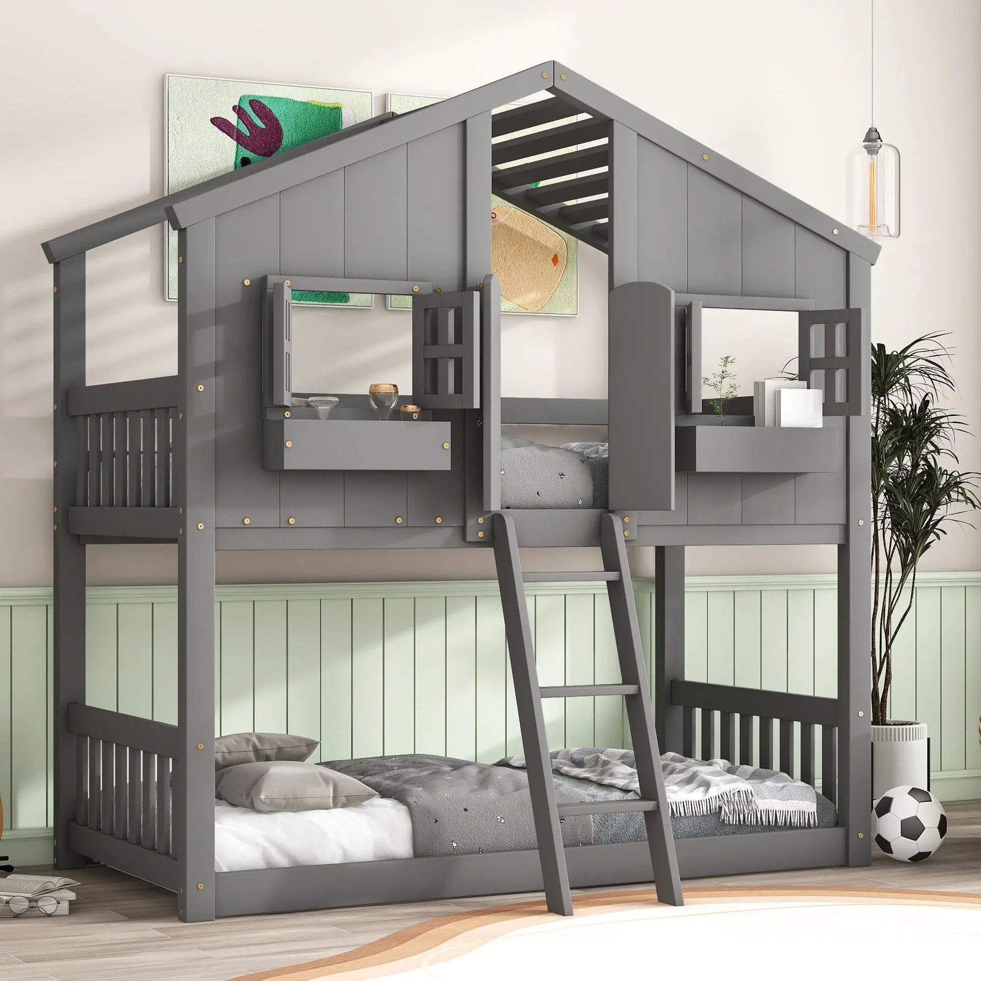 House bunk bed with roof and window in gray with ladder and guardrails by Unique Piece Furniture on Tampa Home & Garden Store
