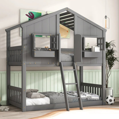 House bunk bed with roof and window in gray with ladder and guardrails by Unique Piece Furniture on Tampa Home & Garden Store