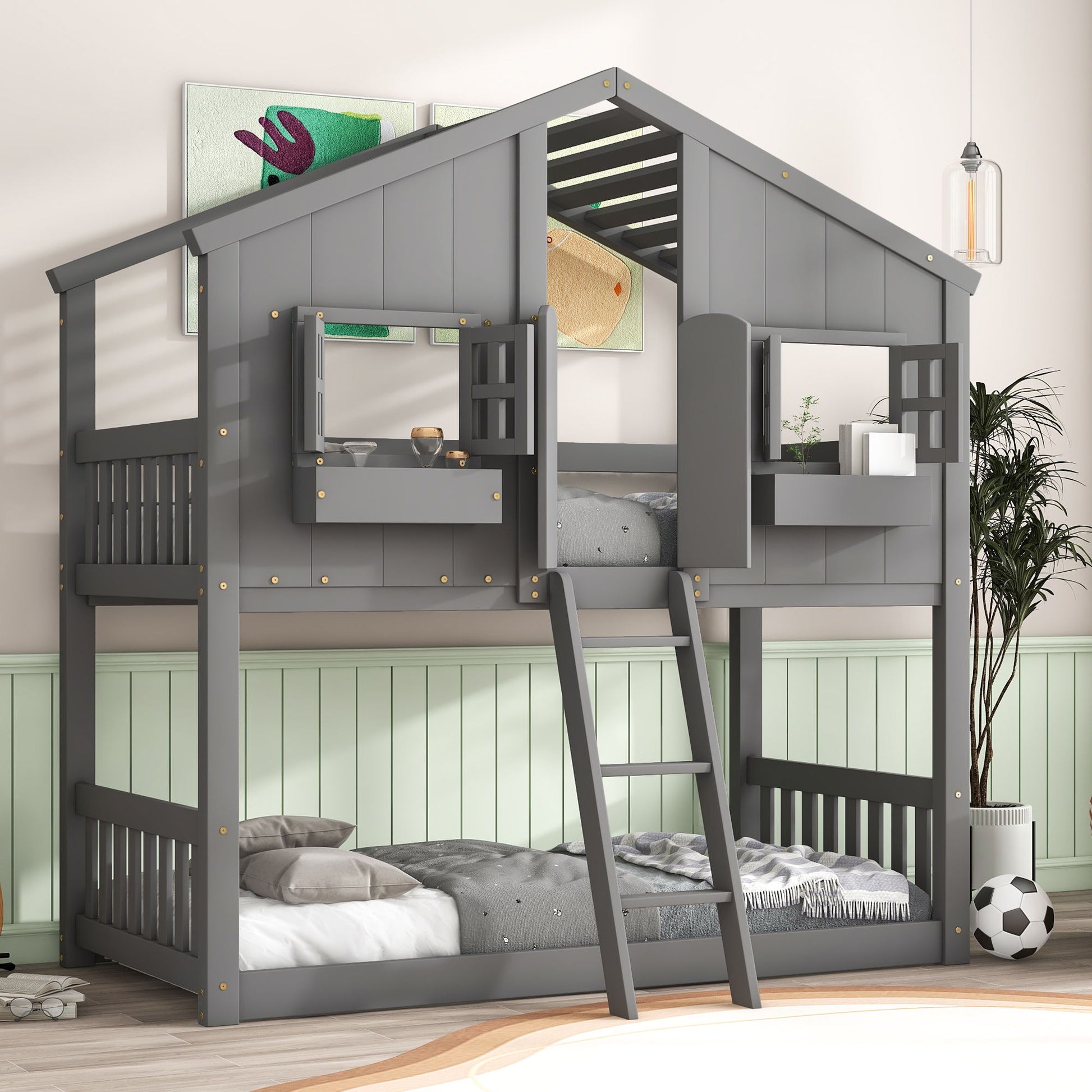Two-level bunk bed with roof by HouseOfZazla, gray finish, ladder and guardrails on Tampa Home & Garden Store