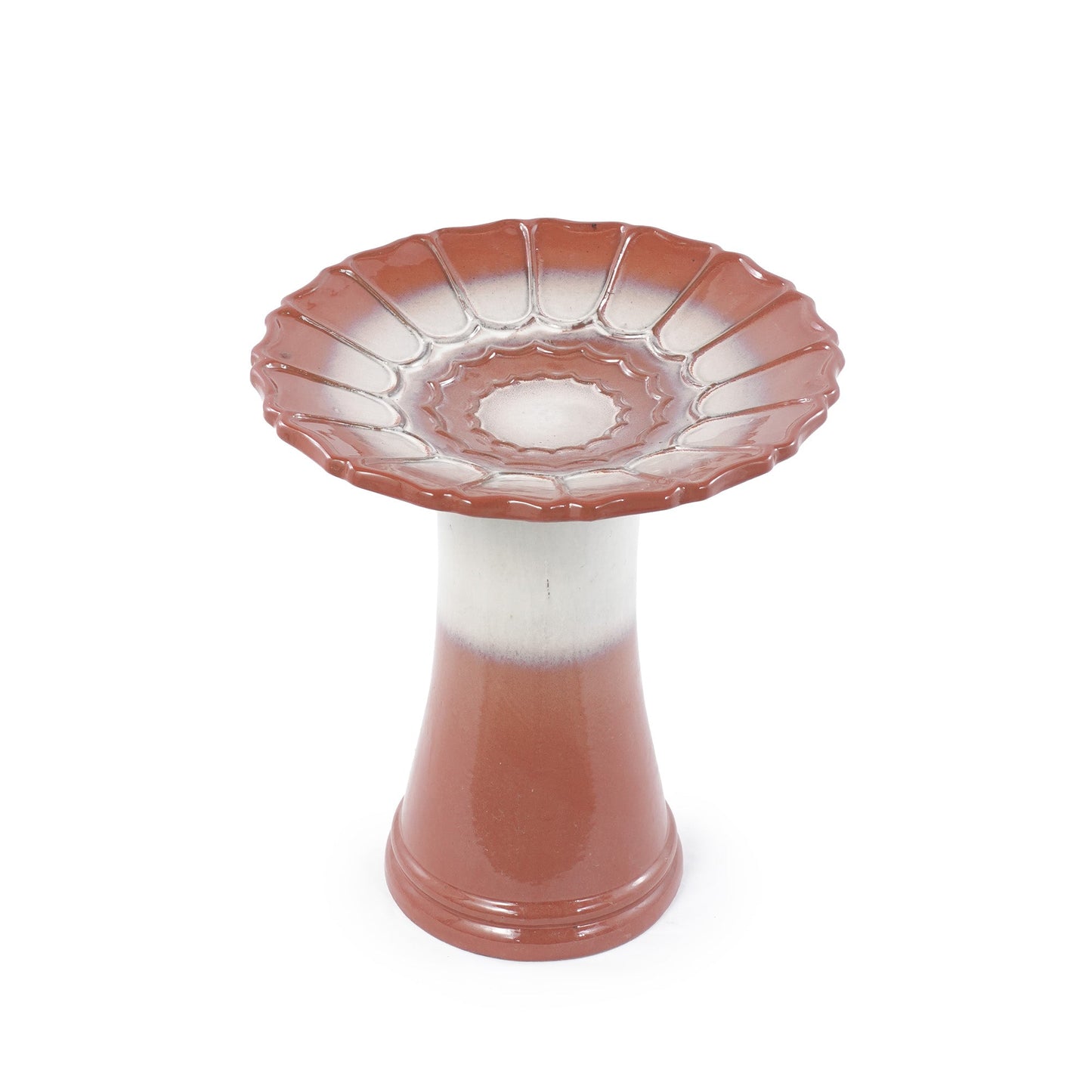 Handmade glazed ceramic bird bath with pink scalloped rim bowl on a terracotta pedestal on Tampa Home & Garden Store