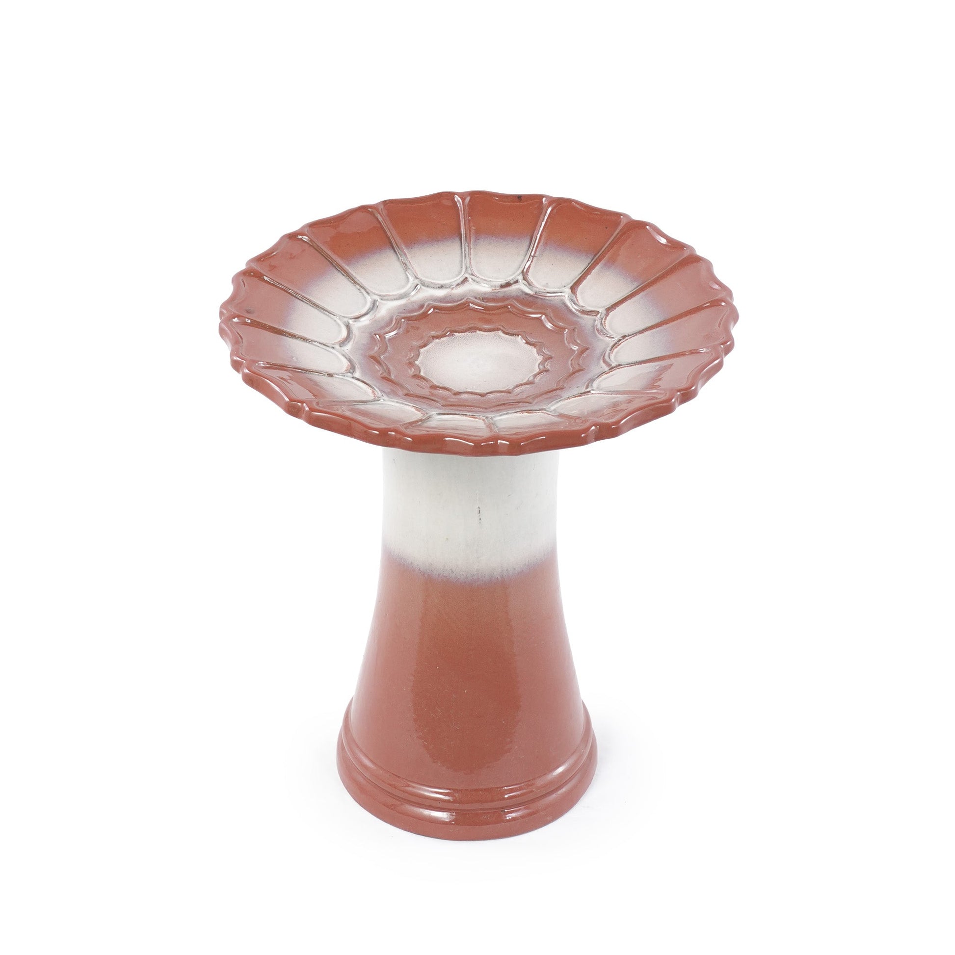 Handmade glazed ceramic bird bath with pink scalloped rim bowl on a terracotta pedestal on Tampa Home & Garden Store