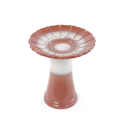 Handmade glazed ceramic bird bath with pink scalloped rim bowl on a terracotta pedestal on Tampa Home & Garden Store