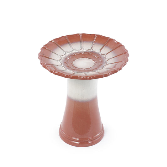 Handmade glazed ceramic bird bath with pink scalloped rim bowl on a terracotta pedestal on Tampa Home & Garden Store