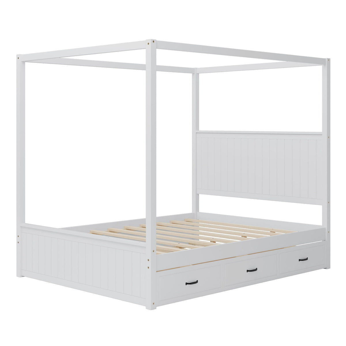 Canopy platform bed with white finish and 3 under-bed storage drawers, beadboard footboard on Tampa Home & Garden Store