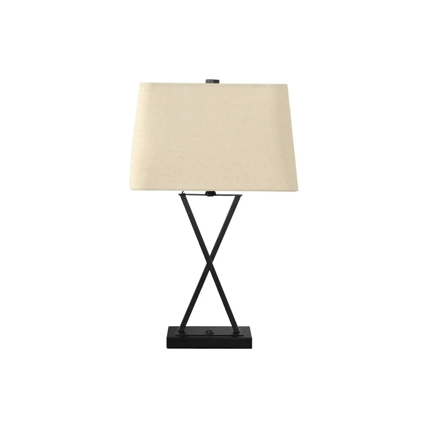 Table lamp with beige shade and black metal cross-base, USB port included on Tampa Home & Garden Store