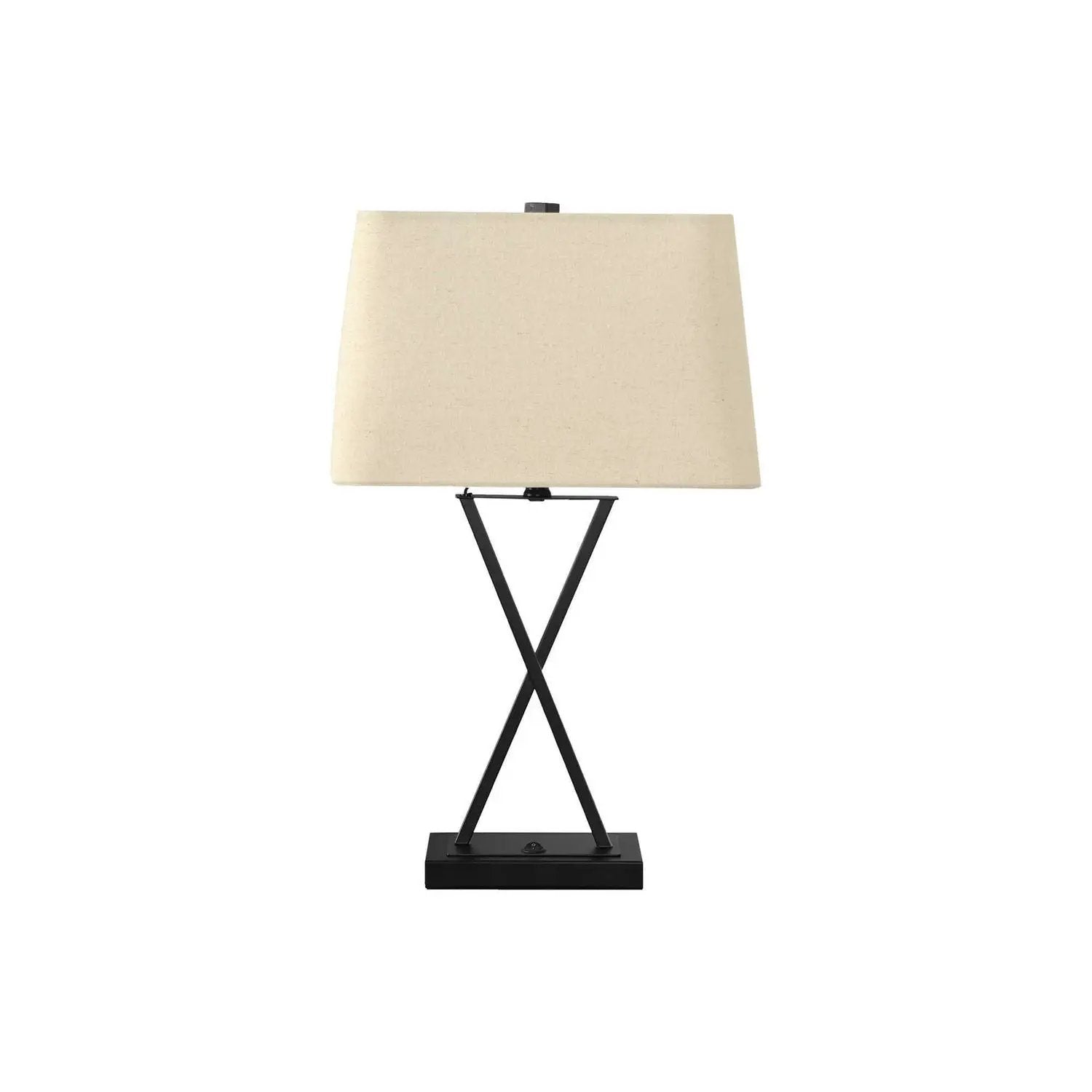 Table lamp with beige shade and black metal cross-base, USB port included on Tampa Home & Garden Store