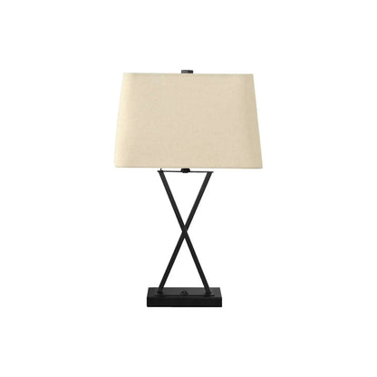 Table lamp with beige shade and black metal cross-base, USB port included on Tampa Home & Garden Store