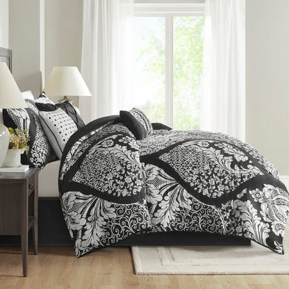 7 Piece Cotton Printed Comforter Set HouseOfZazla in black and white damask with matching shams on Tampa Home & Garden Store