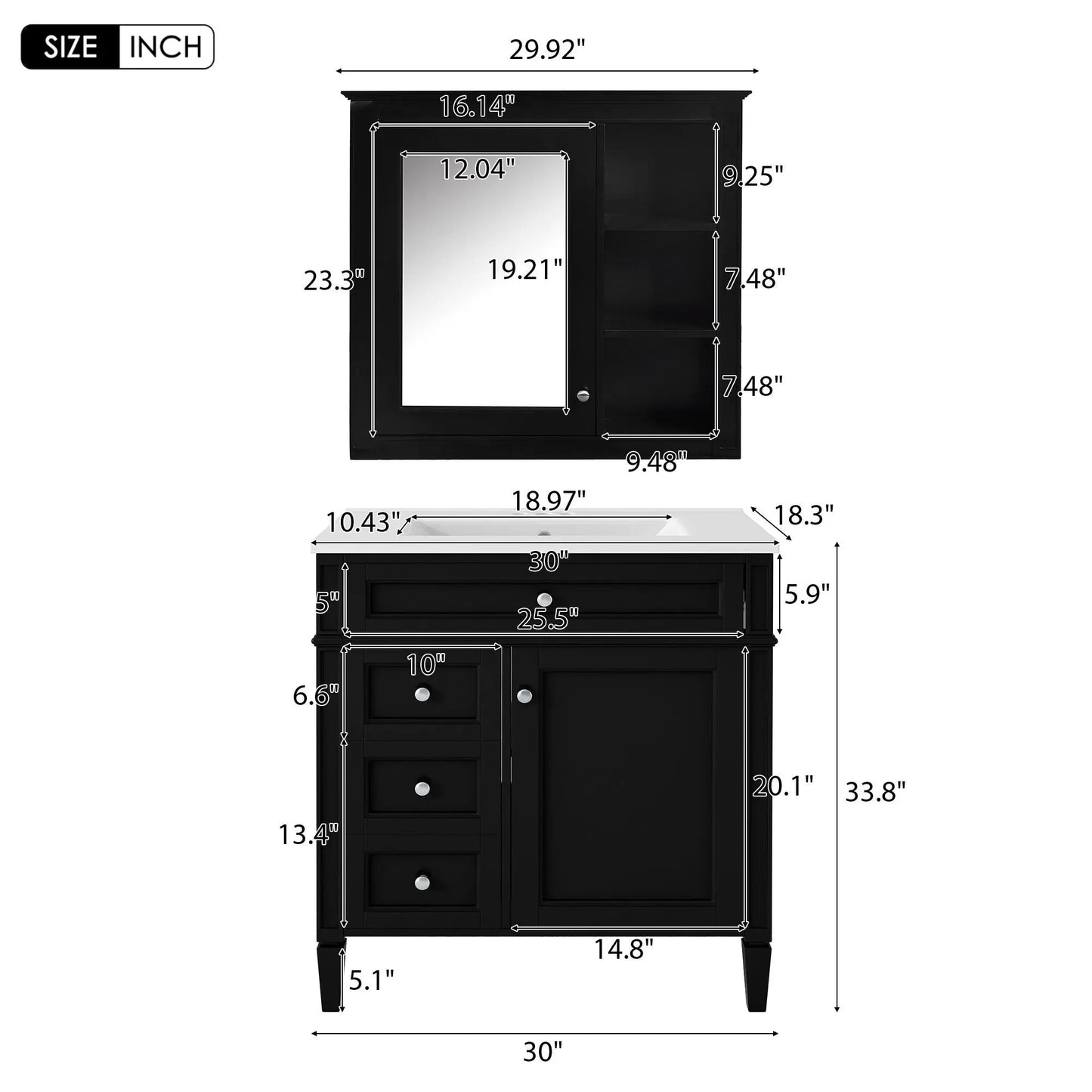 Black vanity with medicine cabinet, 2 soft-close doors and 4 drawers by Unique Piece Furniture on Tampa Home & Garden Store