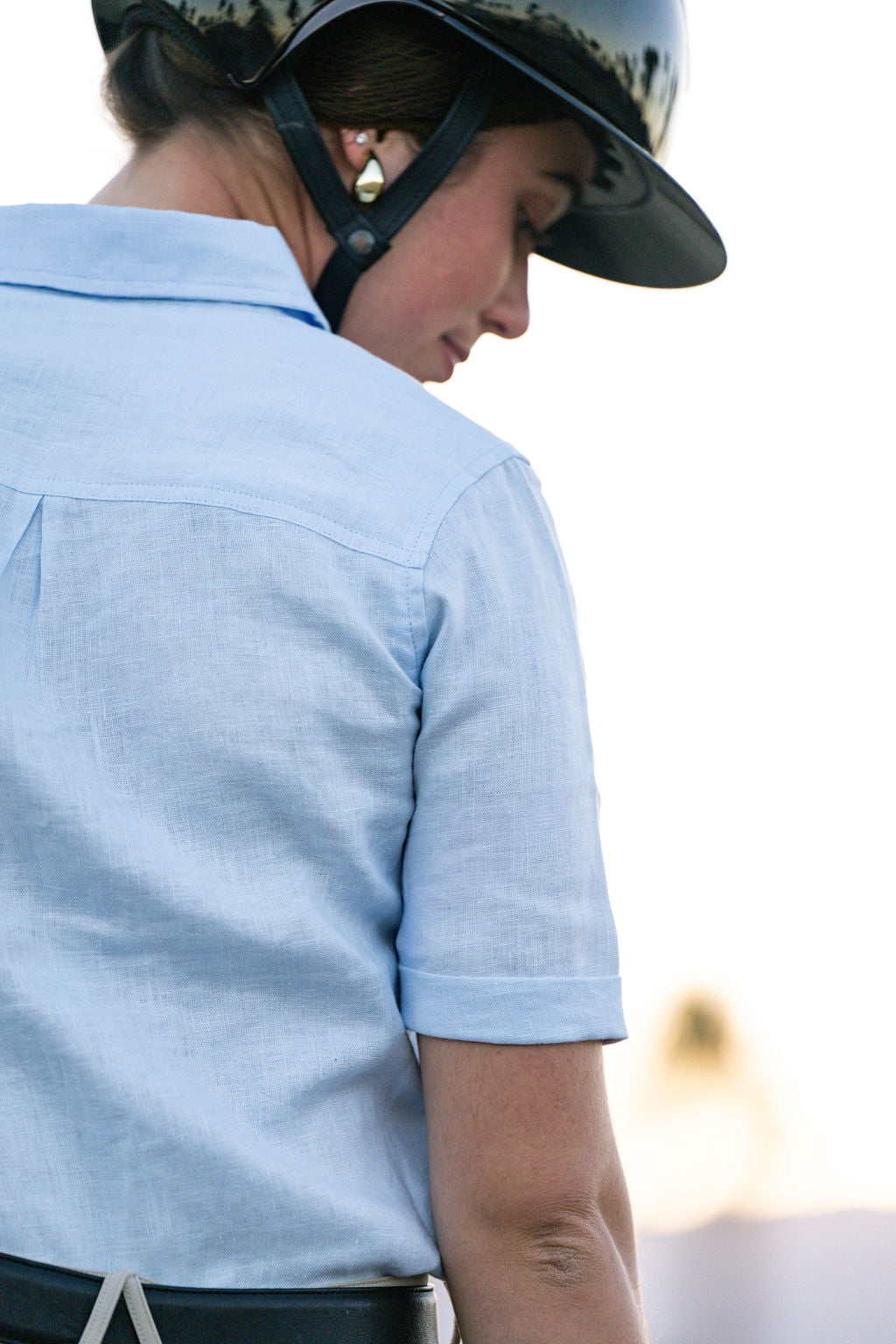 MICHELLE Linen Shirt light blue linen short-sleeve equestrian top by BellEq Equestrian Apparel on Tampa Home & Garden Store