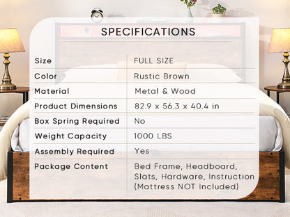 Elevating storage bed frame, full-size bed frame with bookshelf headboard and LED lights, with country brown color - Tampa Home & Garden Store
