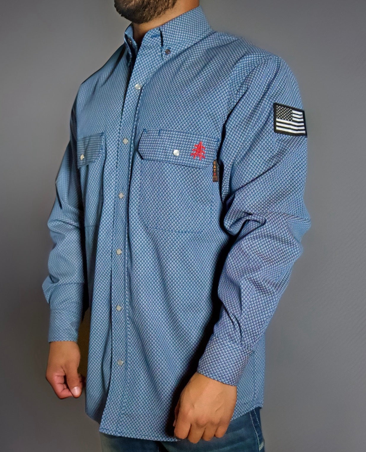 FR Pearl Snap Work Shirt Conqueror Navy by Static FR with U.S. flag patch on sleeve on Tampa Home & Garden Store