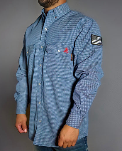 FR Pearl Snap Work Shirt Conqueror Navy by Static FR with U.S. flag patch on sleeve on Tampa Home & Garden Store