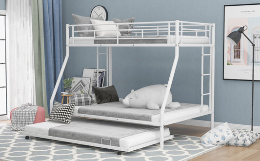 Twin over Full Bed with Sturdy Steel Frame Bunk Bed with Twin Size Trundle  Two-Side Ladders  White