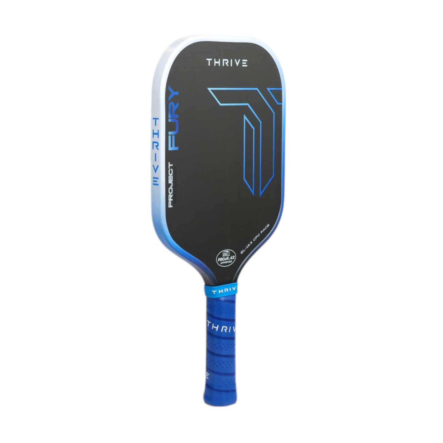Pickleball paddle Thrive Fury Elongated 15.5 mm Gen 3.5 Power Series with blue edge on Tampa Home & Garden Store