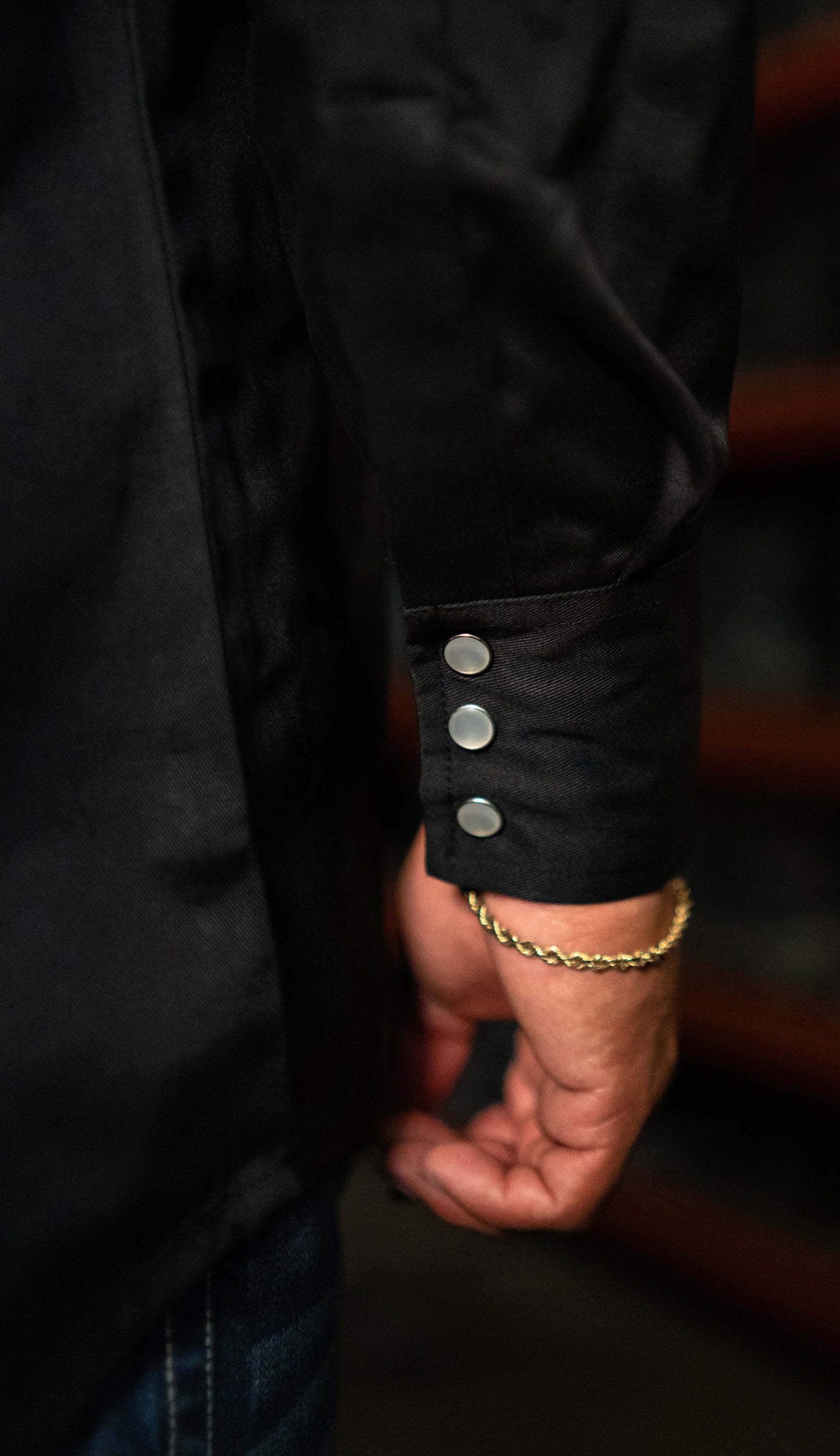 Static FR Western Style Pearl Snap Black work shirt cuff with metal snaps on Tampa Home & Garden Store