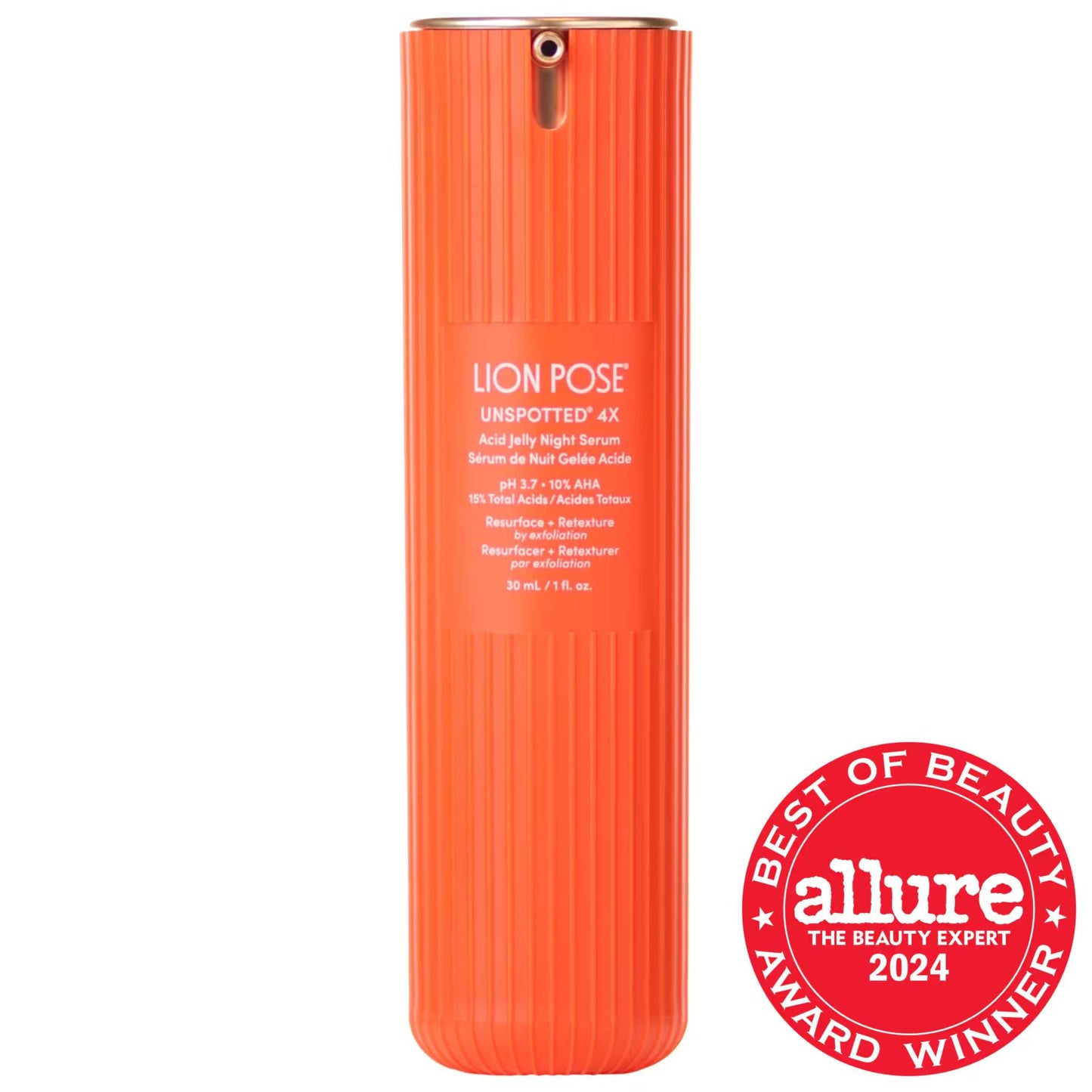 Face serum bottle, coral orange ribbed design, UNSPOTTED 4X Dark Spot AHA Serum on Tampa Home & Garden Store