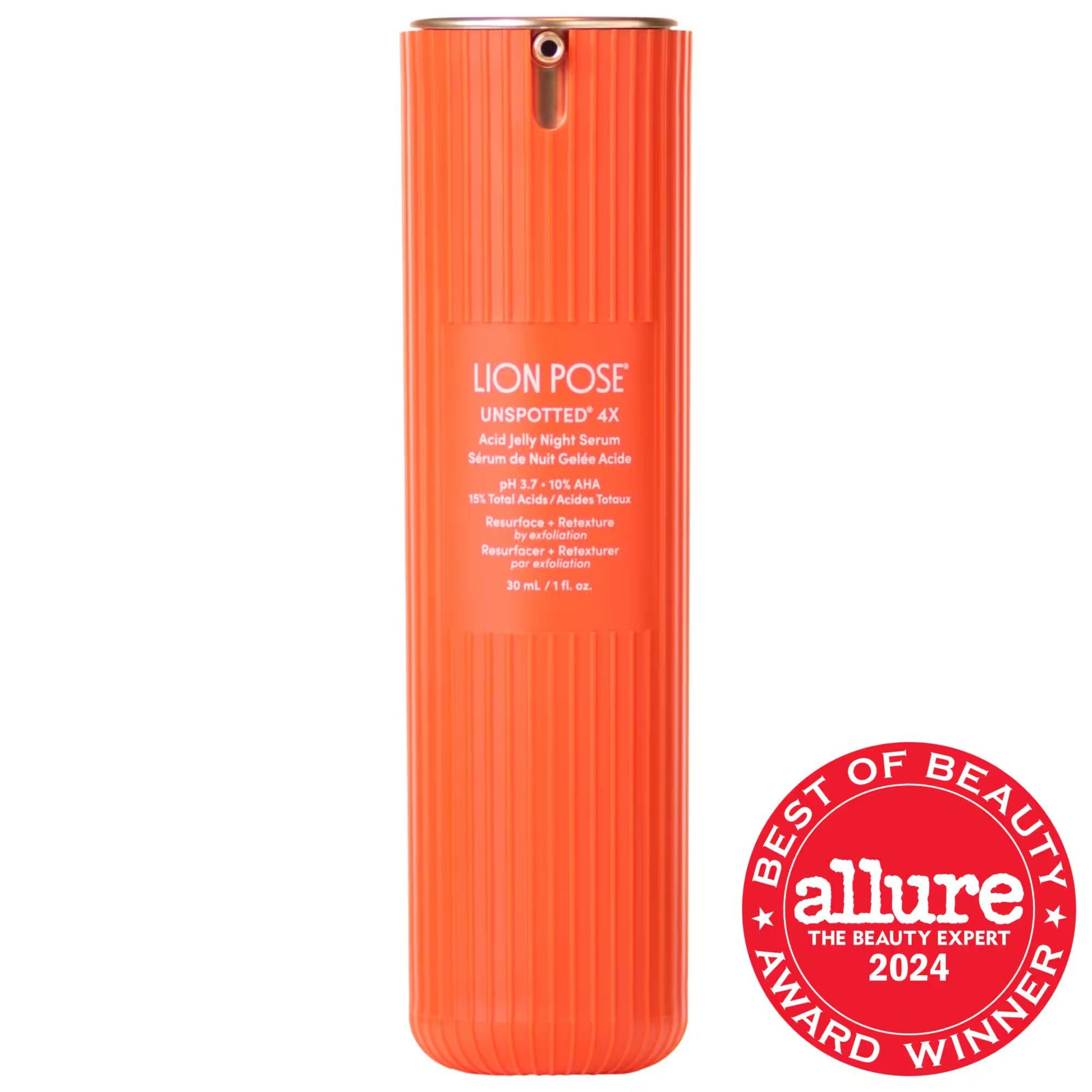 Face serum bottle, coral orange ribbed design, UNSPOTTED 4X Dark Spot AHA Serum on Tampa Home & Garden Store