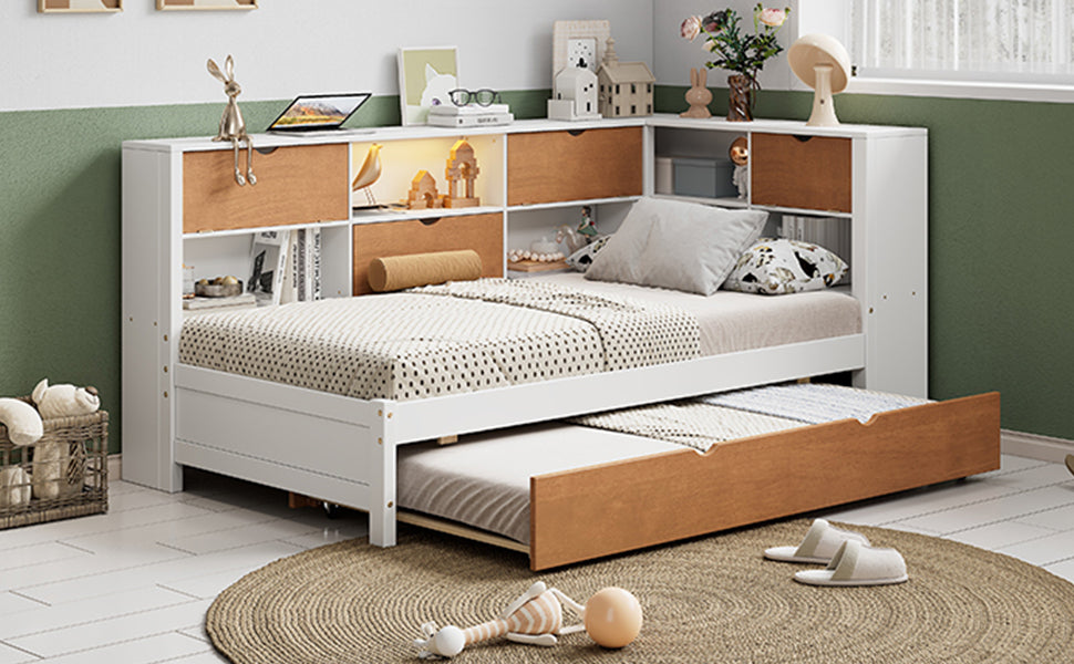 L-shaped bed frame with luggage and bookshelf, corner bed wooden captain's bed LED tube light and USB port walnut and white - Tampa Home & Garden Store
