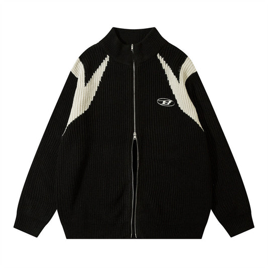 Color Block Zipper Cardigan Sweater Men's Autumn Street Style Stand Collar Long Sleeve Loose Knitwear