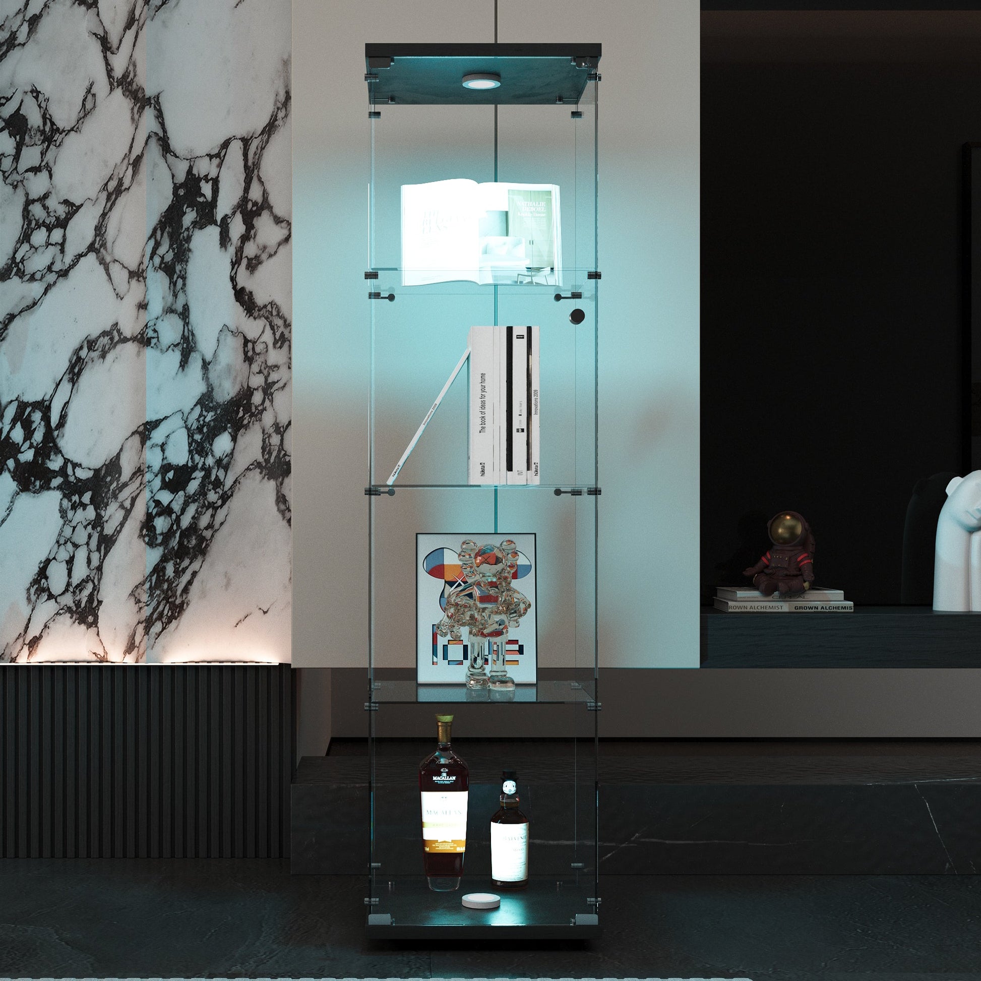 4 LED light glass display cabinets with door shelves, floor standing antique bookshelf, 64.7 "* 16.7" * 14.3 ", black - Tampa Home & Garden Store
