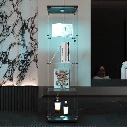 4 LED light glass display cabinets with door shelves, floor standing antique bookshelf, 64.7 "* 16.7" * 14.3 ", black - Tampa Home & Garden Store