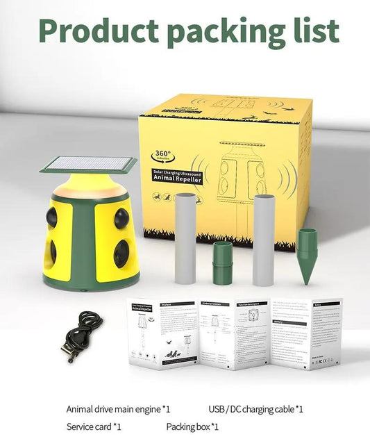 Solar Powered Ultrasonic Pest Repeller yellow-green unit with solar panel USB cable on Tampa Home & Garden Store