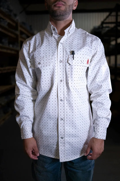 Static FR Pearl Snap Work Shirt Phantom White with red logo, 2 chest pockets, navy dot pattern on Tampa Home & Garden Store
