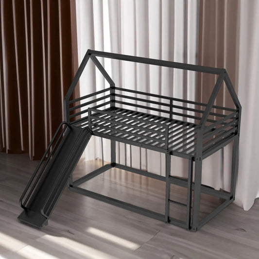 Twin over twin bunk bed frame in black with ladder and guard rails on Tampa Home & Garden Store