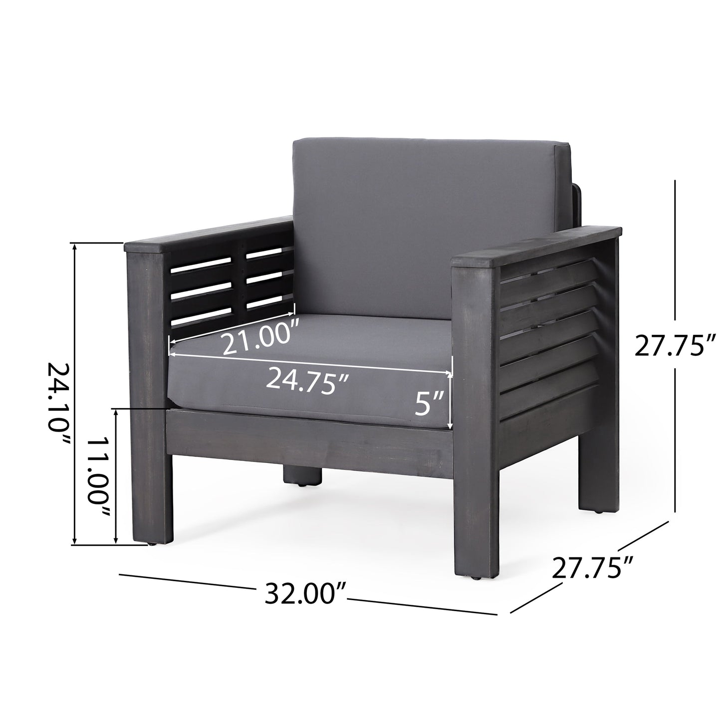 2 Outdoor Acacia Wood Club Chairs with Cushions, Dark Gray, 27.75"D x 32"W x 27.75"H