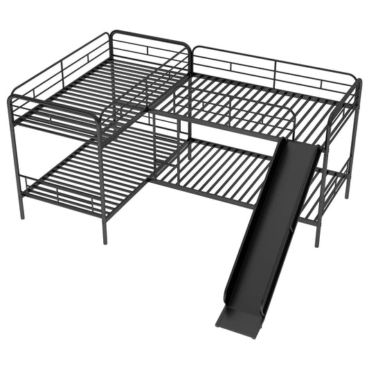 Twin size L-shaped bunk bed frame in black metal with built-in slide on Tampa Home & Garden Store