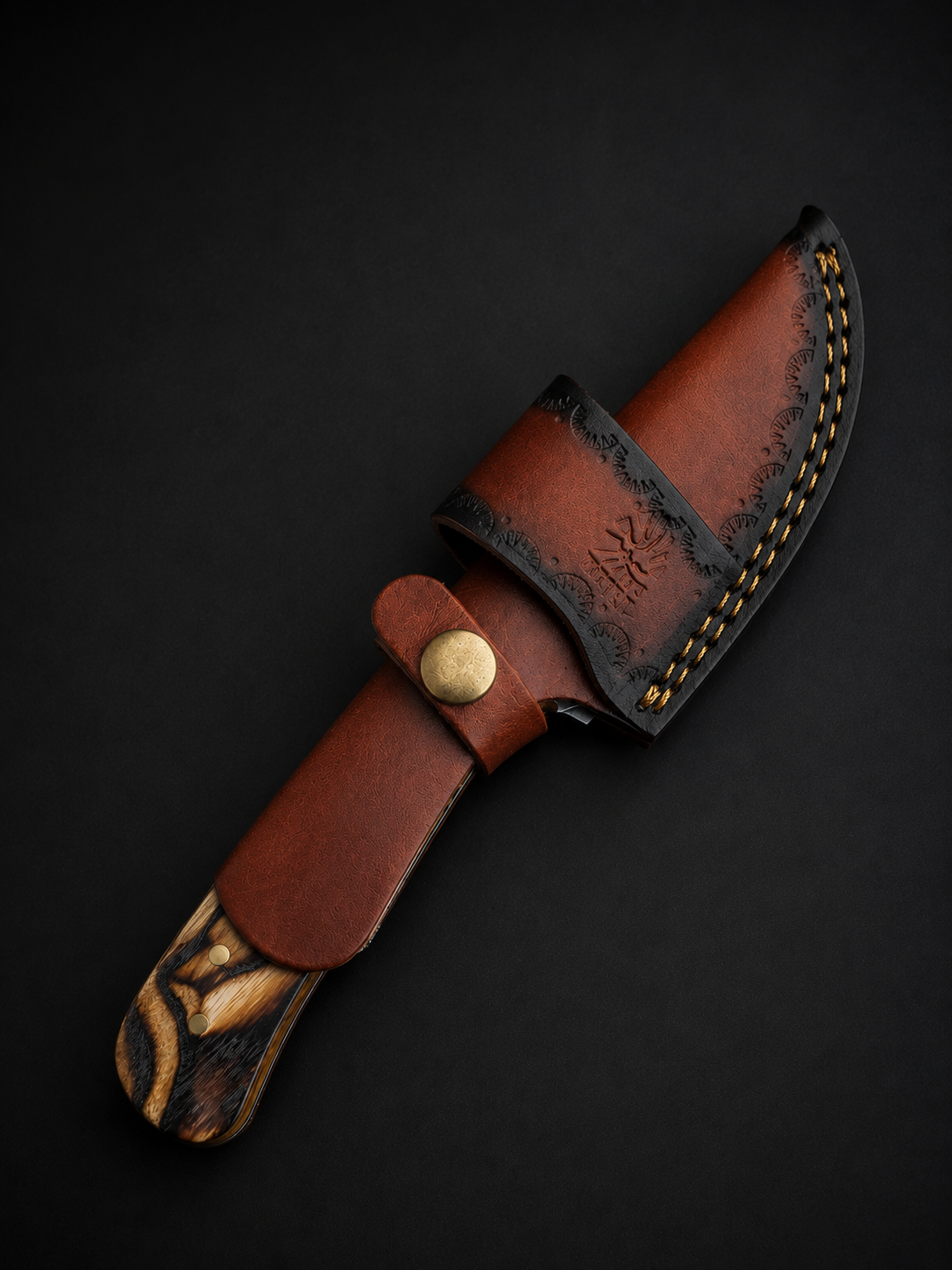 Titan Copper Canyon Damascus Hunter TK-521 knife with brown leather sheath and burl wood handle on Tampa Home & Garden Store