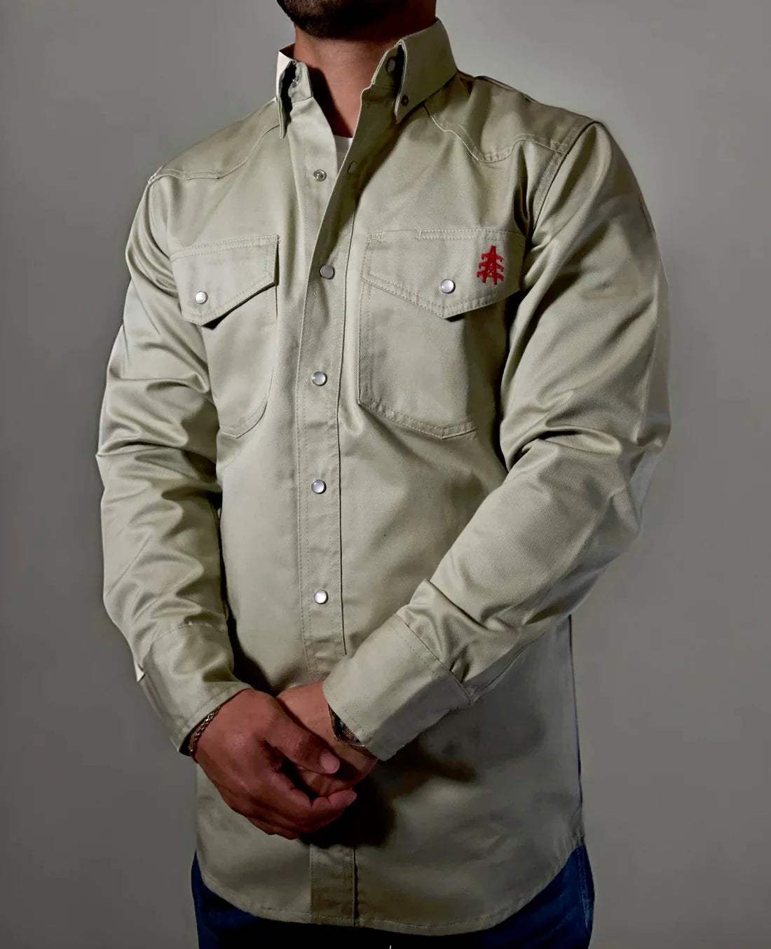 FR Western Style Pearl Snap Khaki shirt by Static FR with pearl snaps and red logo on chest on Tampa Home & Garden Store