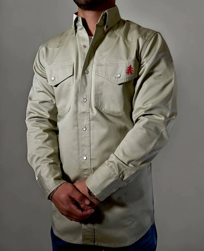 FR Western Style Pearl Snap Khaki shirt by Static FR with pearl snaps and red logo on chest on Tampa Home & Garden Store