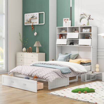 ueen Size Murphy Bed with Bookcase, Bedside Shelves and a Big Drawer, White - Tampa Home & Garden Store