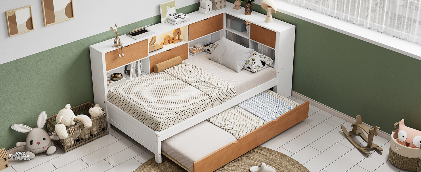 L-shaped bed frame with luggage and bookshelf, corner bed wooden captain's bed LED tube light and USB port walnut and white - Tampa Home & Garden Store