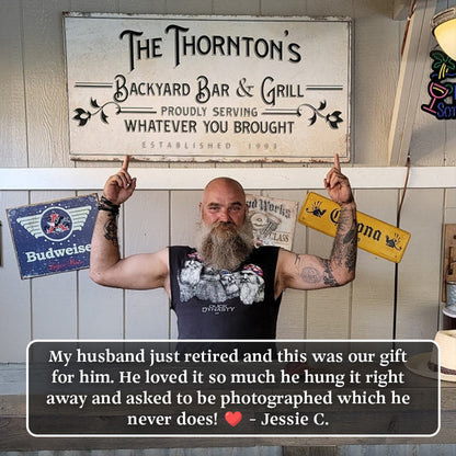 Backyard Bar & Grill sign canvas by Tailored Canvases with vintage weathered look on Tampa Home & Garden Store